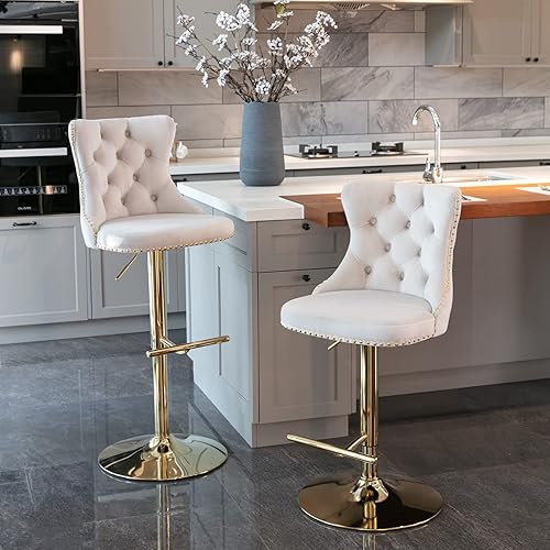 MeiBoAll Modern Adjustable Bar Stools Set of 2 Velvet Upholstered w/360° Swivel Button Tufted Cupreous Nailhead Trim, Contemporary Leisure Counter Height Stool Chair for Dining Kitchen Bar, Beige