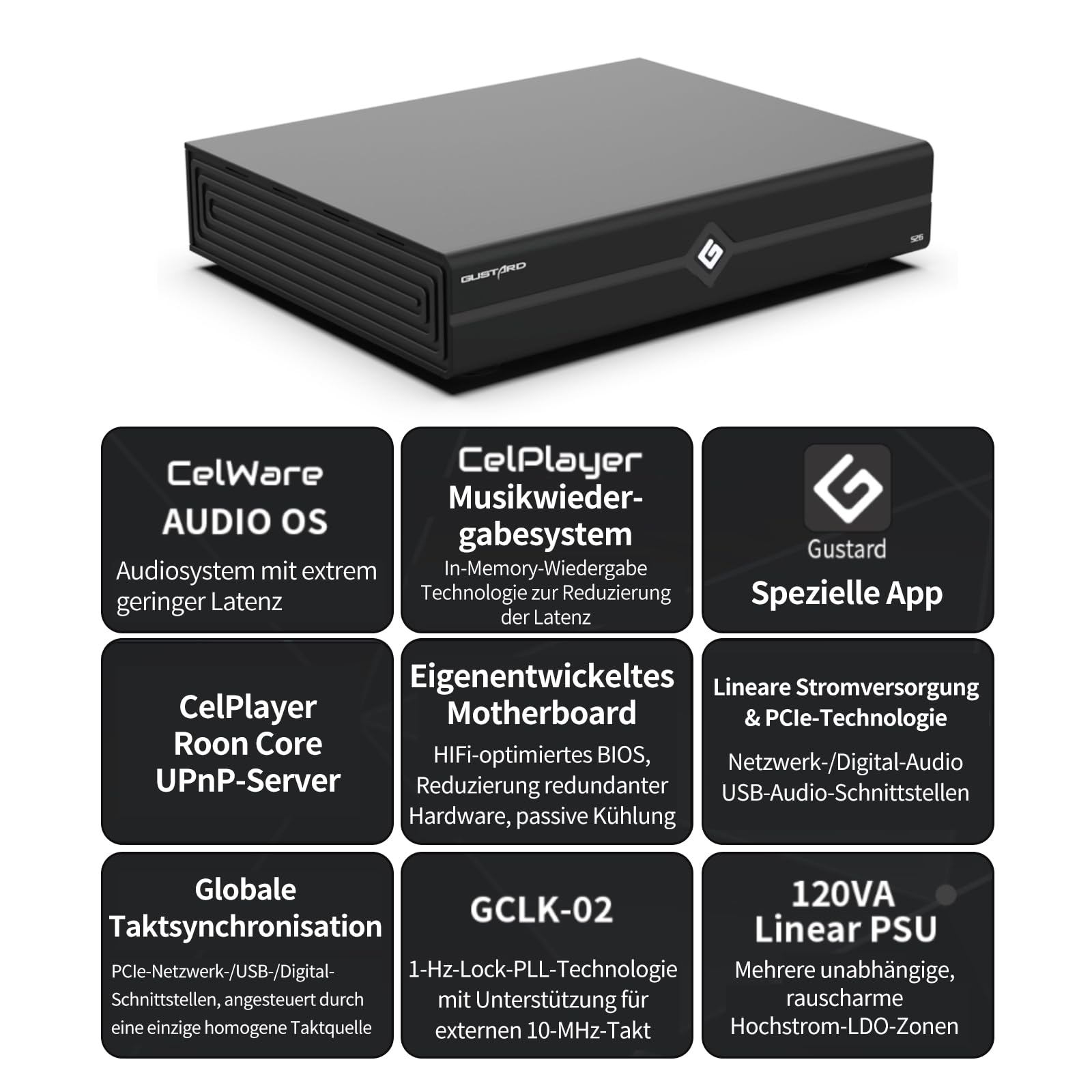 Gustard S26 Musikserver, digitale Audio-USB-Audioschnittstellen GCLK-02-Taktmodul Netzwerk-10MHz-Takt, Ultra-Low-Latency-Audioprocessingsystem CelPlayer Roon Core UPnP-Server (schwarz)