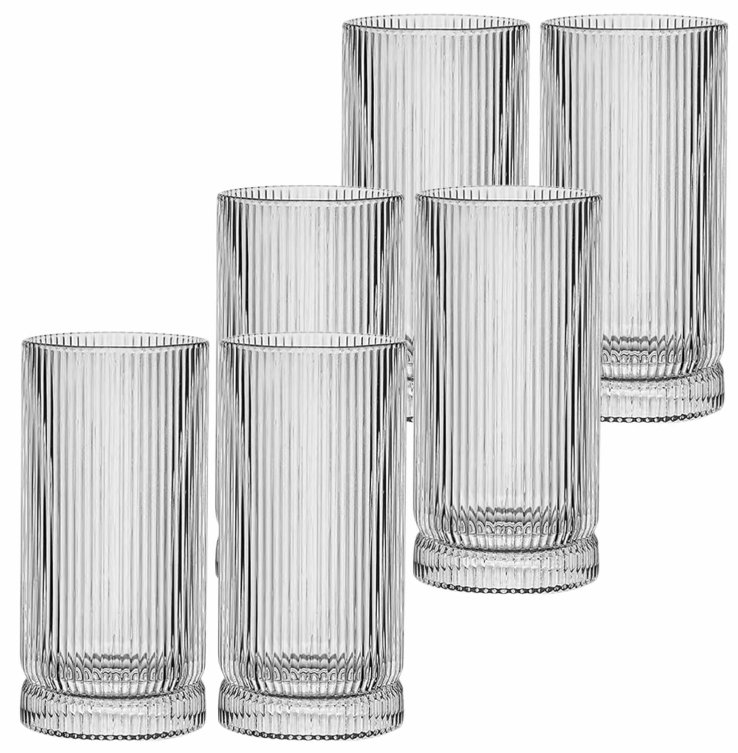 16 oz Tall Ribbed Drinking Glasses Set of 6 - Vintage Highball Tumblers for Cocktails and Coffee Set