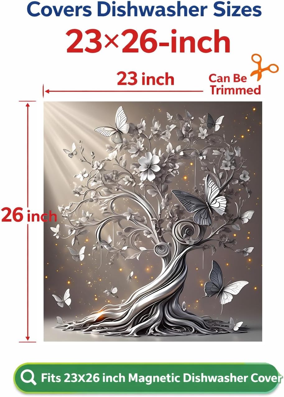 Dishwasher Magnet Cover 23" x 25.5", Removable Repositionable Magnetic Dishwasher Door Cover, No Residue Decorative Appliance Panel for Magnetic Dishwasher Doors, Butterfly Tree Floral (Tree 3)