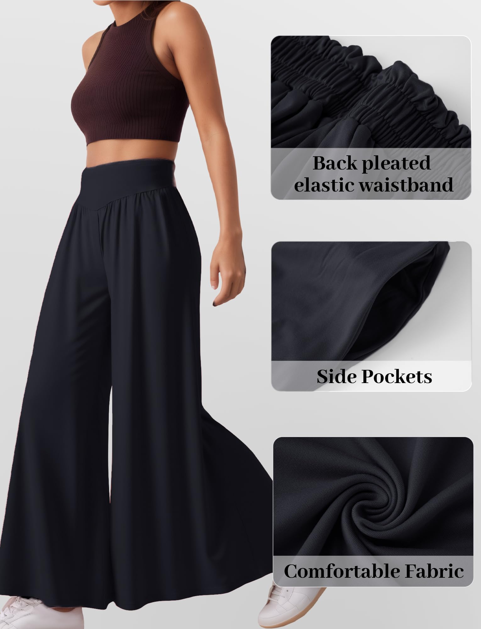 SEAUR Pantalon Ample Femme Palazzo Fluide avec Poches Style Décontracté Élégant Pantalon de Yoga Danse Taille Élastique