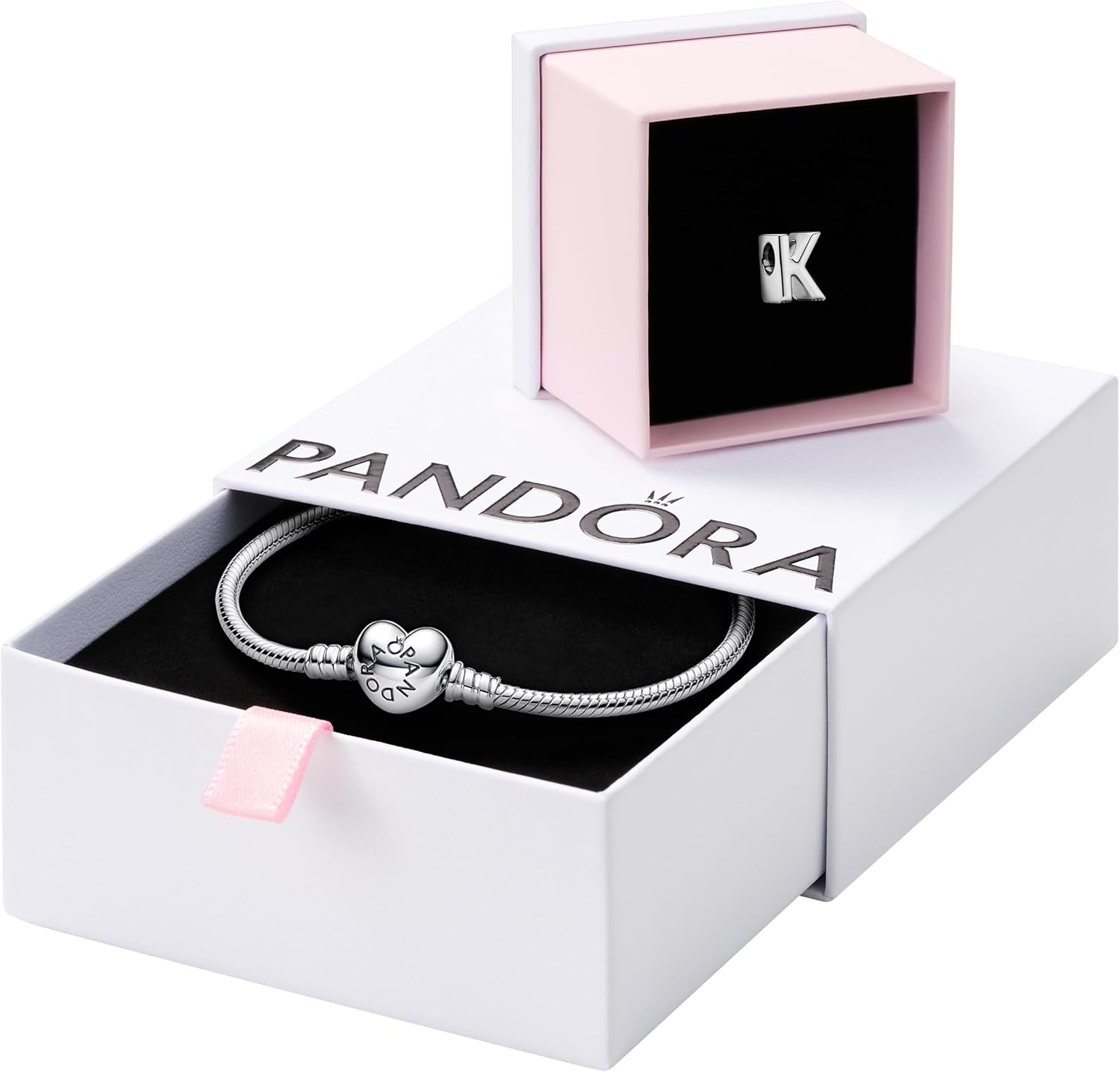 Pandora Jewelry Bundle with Gift Box - Sterling Silver Letter Alphabet Charm & Moments Sterling Silver Snake Chain Charm Bracelet with Heart Clasp, 9.0" - Gift for Women