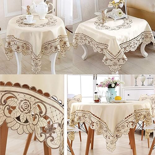 Miniatura 6 de LeLehome - Mantel de encaje bordado con flores cafés, color crema y beige, diseño clásico y tela que no se arruga para mesa de comedor