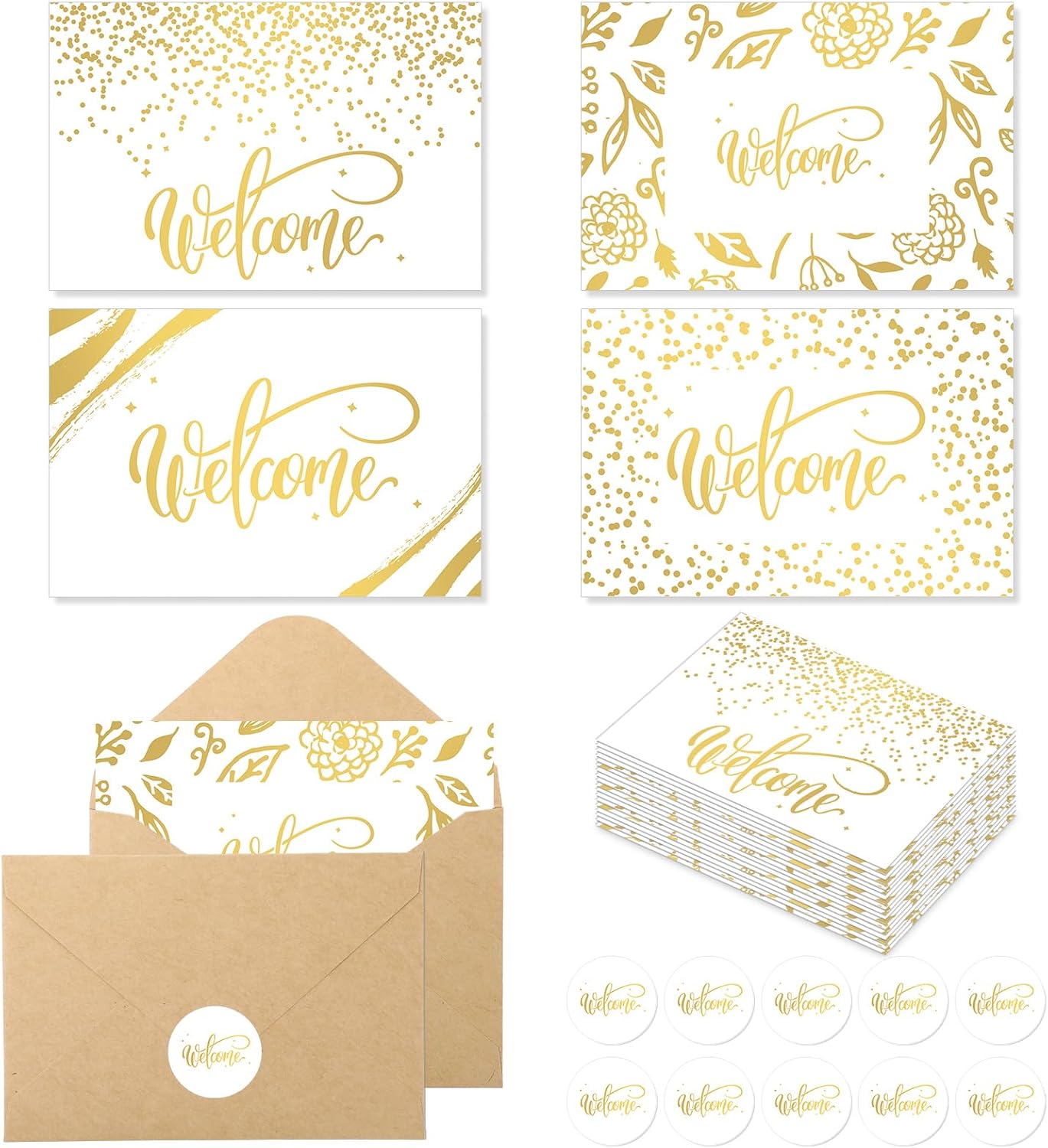 Fumete 72 Sets Bulk Welcome Card Golden for Christmas Guest with Kraft Envelope Sticker Blank 6x4 in Church Welcomes Note Card Paper Hotel Business Greeting Postcard Wedding Employee Team(Gold Foil)
