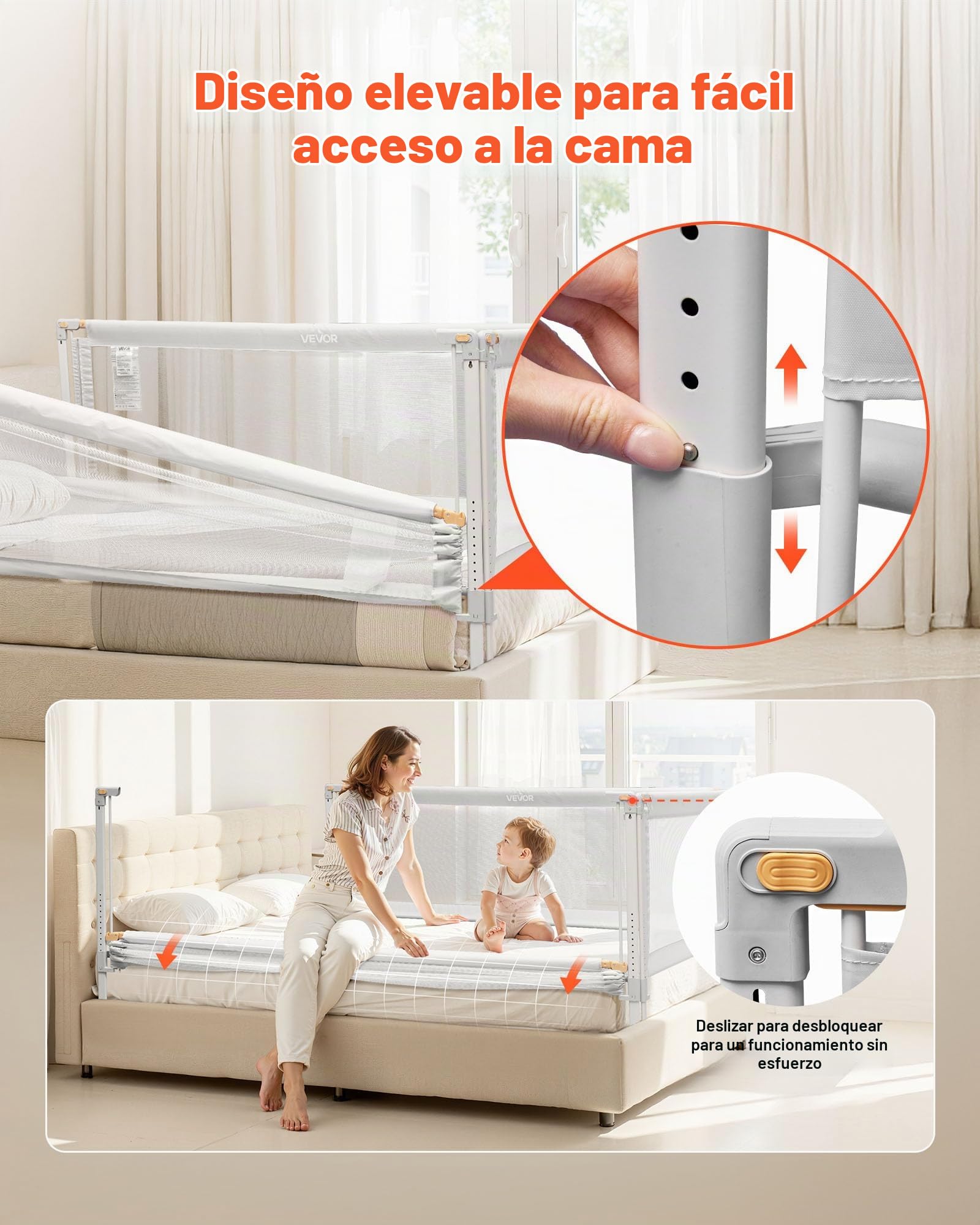 VEVOR Barandilla de Cama Infantil de 3 Lados, Tubo de Hierro Reforzado, Tela Oxford, Altura Ajustable de 68 a 89 cm, para Camas Tamaño King, Grosor de Colchón de 5 a 27 cm, 2000 x 620 mm, Gris