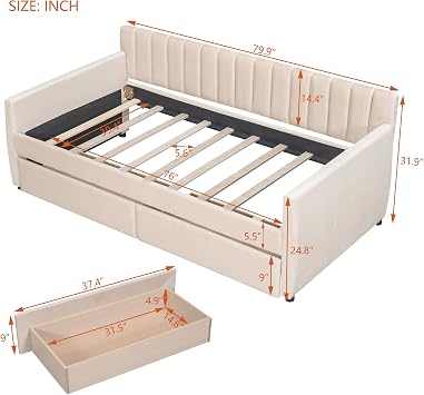 Flieks Upholstered Daybed with Two Storage Drawers, Twin Size Velvet Storage Sofa Bed Daybed with Backrest and Wood Slat Support (Beige)