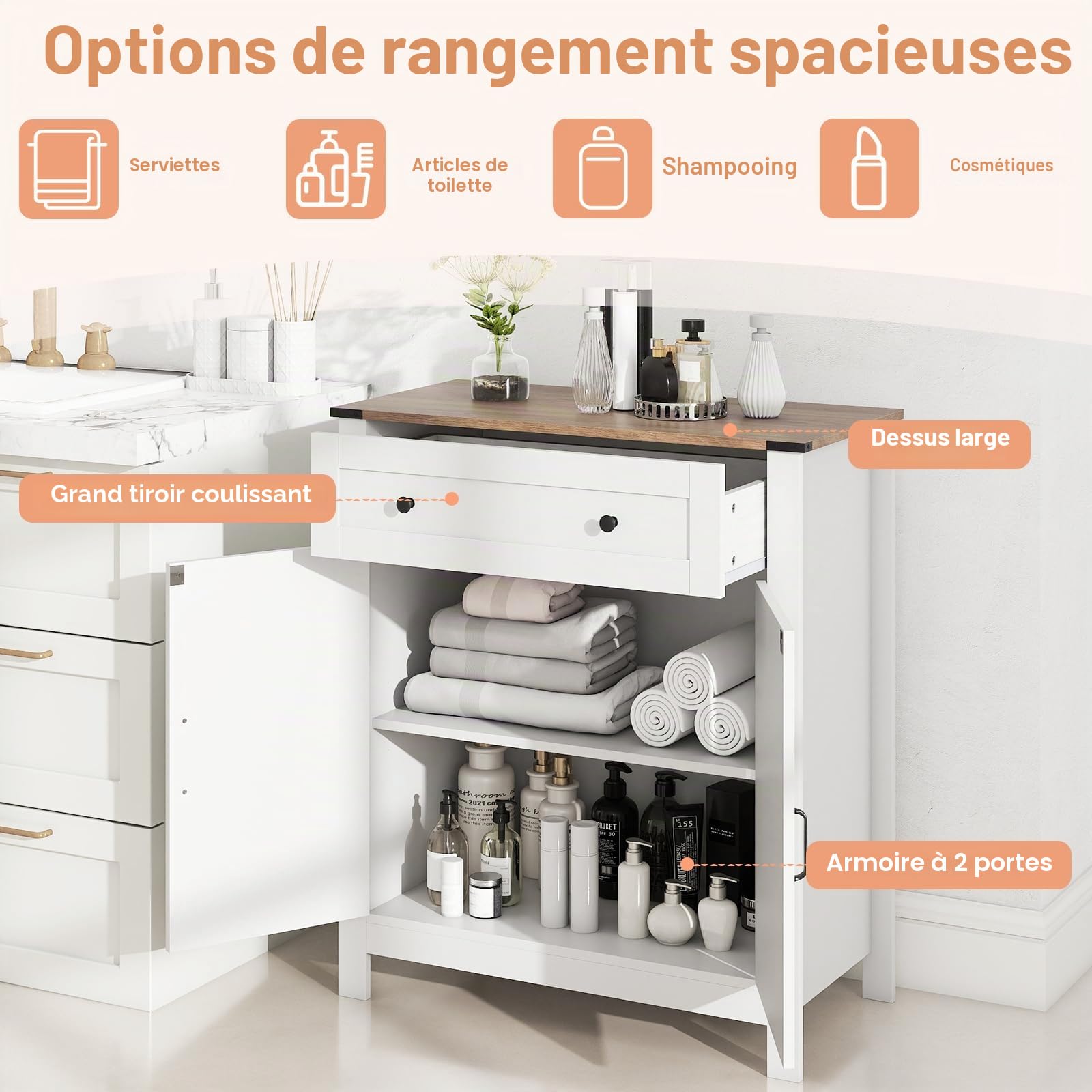 GIANTEX Buffet de cuisine - Commode avec plan de travail - Armoire de buffet avec tiroir et étagère réglable - En bois - Style maison de campagne - Armoire polyvalente debout - 80 x 40 x 92 cm - Blanc