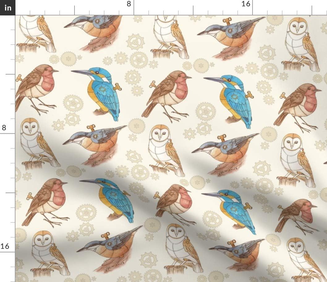 Spoonflower Fabric - Steampunk Clockwork Birds Bird Cog Nature Robin Owl Printed on Petal Signature Cotton Fabric by The Yard - Sewing Quilting Apparel Crafts Decor