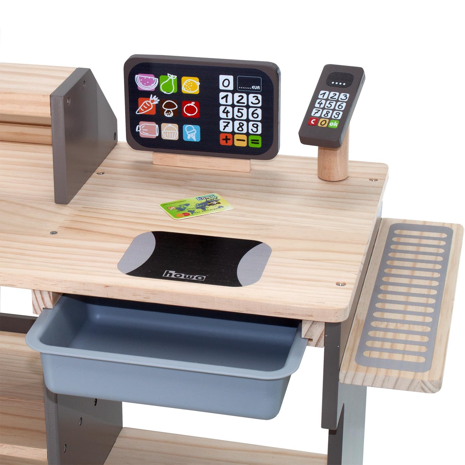 howa Kaufladen Kaufmannsladen aus Holz Kinderkaufladen mit Spielkasse 4755 | Holzspielzeug Kaufladenspielzeug mit Spielkasse und Spielzeugkartenleser, Tafel für Kreide, Vitrine, Klingel natur / taupe