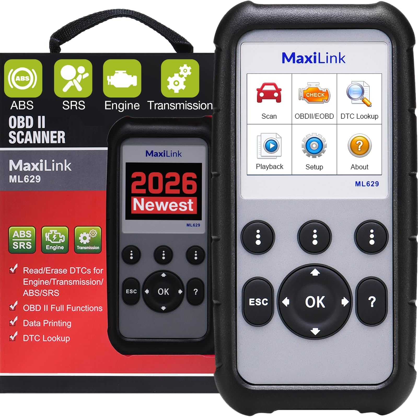 ML629 OBD2 Scanner, Upgraded of AL619, Car Code Reader Check Engine ABS SRS Transmission Diagnostic Scan Tool with Auto VIN, Ready Test