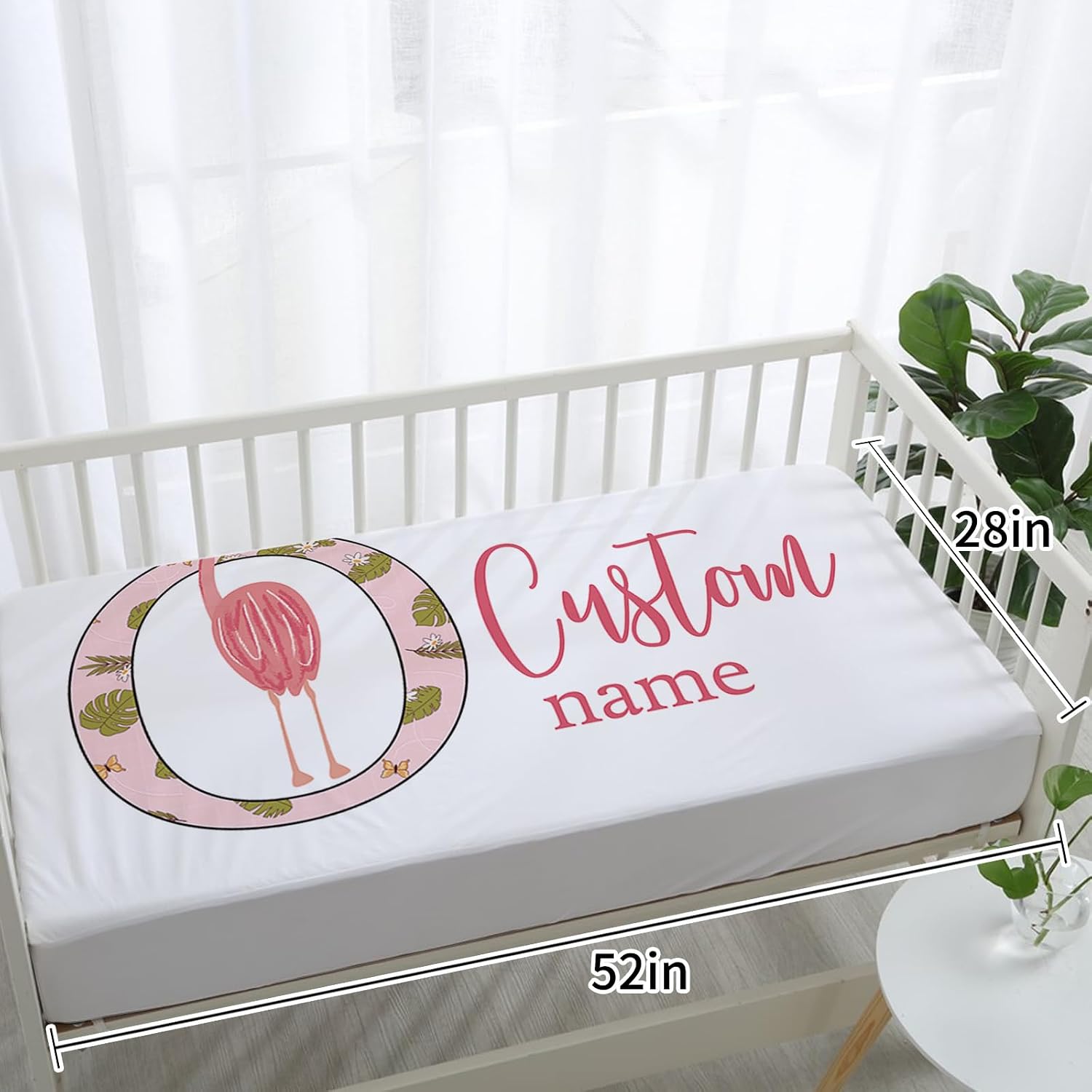 Personalized Baby Crib Bedding Set, 4 Piece Custom Name Crib Bedding, Double Layer Blanket Crib Sheet Changing Pad Cover Wall Art, Nursery Decor Gift for Newborn Toddlers, Pink Flamingo Theme