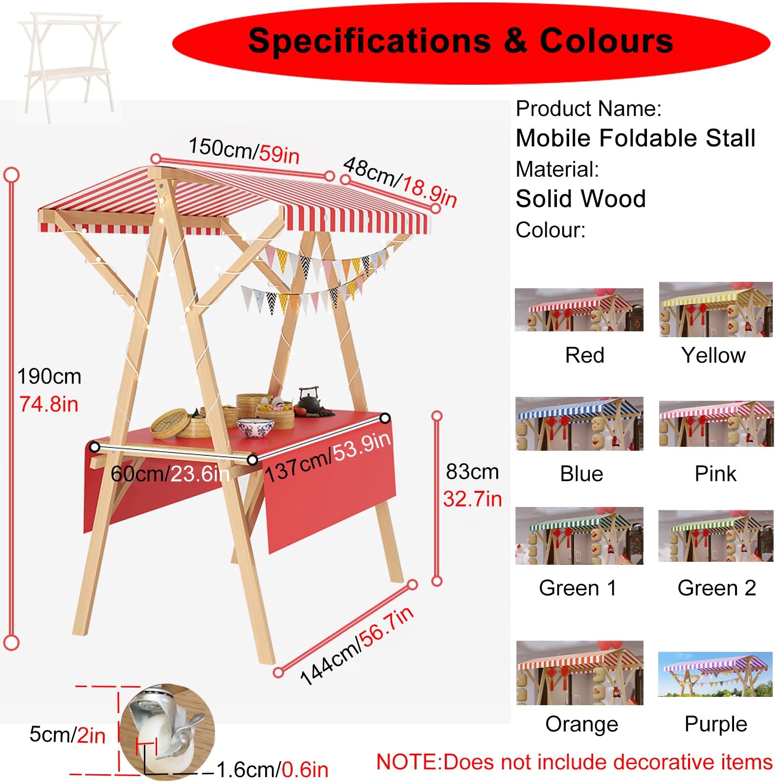 Expositor para vendedores Ambulante Carrito portátil con toldo, Puesto móvil Plegable for Mercado, Carrito de Catering empresarial de 120 a 150 cm de Largo.(Red,150x60x195cm(59x23.6x76.8in))