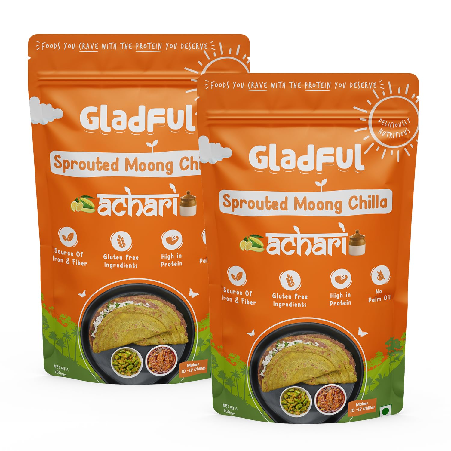Gladful Achari Chilla Mix - Low GI, Diabetes-Friendly & Gluten-Free - No Maida, Palm Oil & Trans-Fat - Vegan & High-Protein Chilla/Dosa Mix - Anytime Snack for Kids & Family - Pack of 2 (200g each) (B0D2RPPY68) Amazon Price History, Amazon Price Tracker