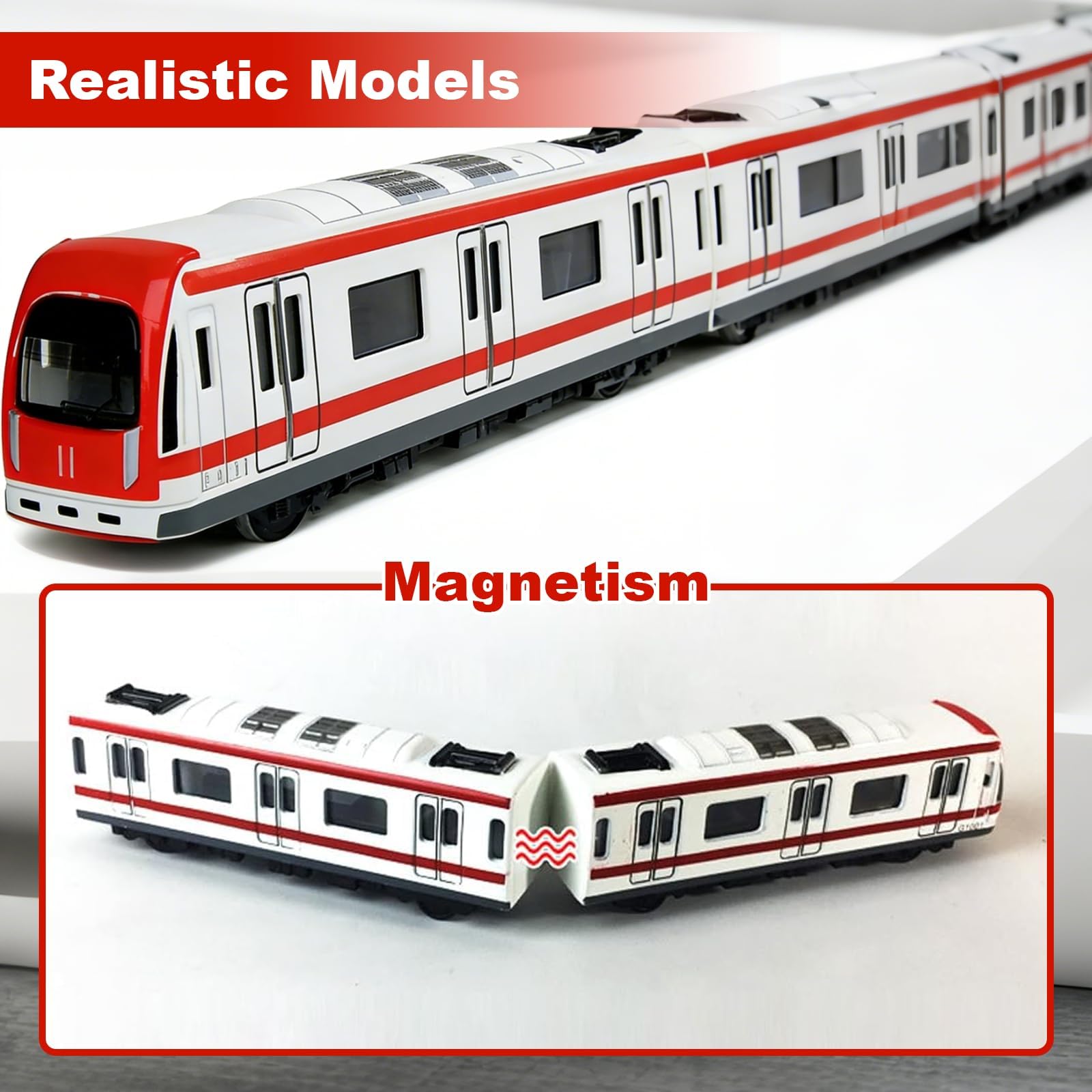 Train Jouet Aimanté en Alliage pour Enfants de 3+Ans, Modèle Réduit 1/64 avec 4 Wagons, Jouet Train Enfant 3 Ans, Trains à Grande Vitesse Rouge et Blanc, Cadeau d‘Anniversaire
