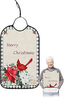 BOBOWUNY Christmas Bird Adult Bibs for Elder Women Men Eating, Poinsettia Black White Checkered Waterproof & Washable Bibs for Eating Clothing Protector Dining Bibs for Crumb Catcher