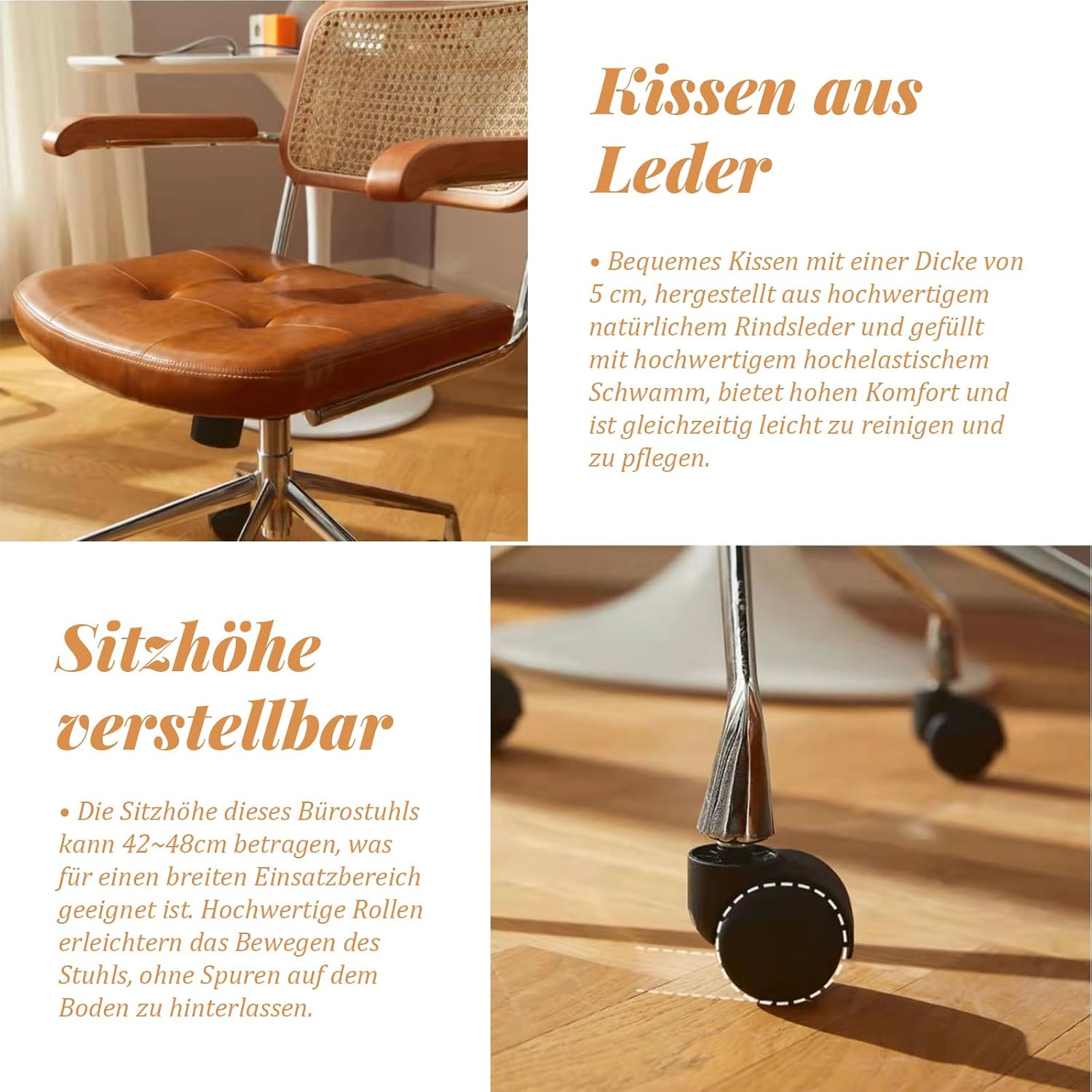 Schreibtischsessel, Retro Bürosessel, Bürostühle Bürostuhl mit Armlehne und Rollen, Schreibtischstuhl Ergonomisch, Leder Bürostuhl 150 kg Belastbarkeit, Stufenlos Höhenverstellbar,Grün Green Grün