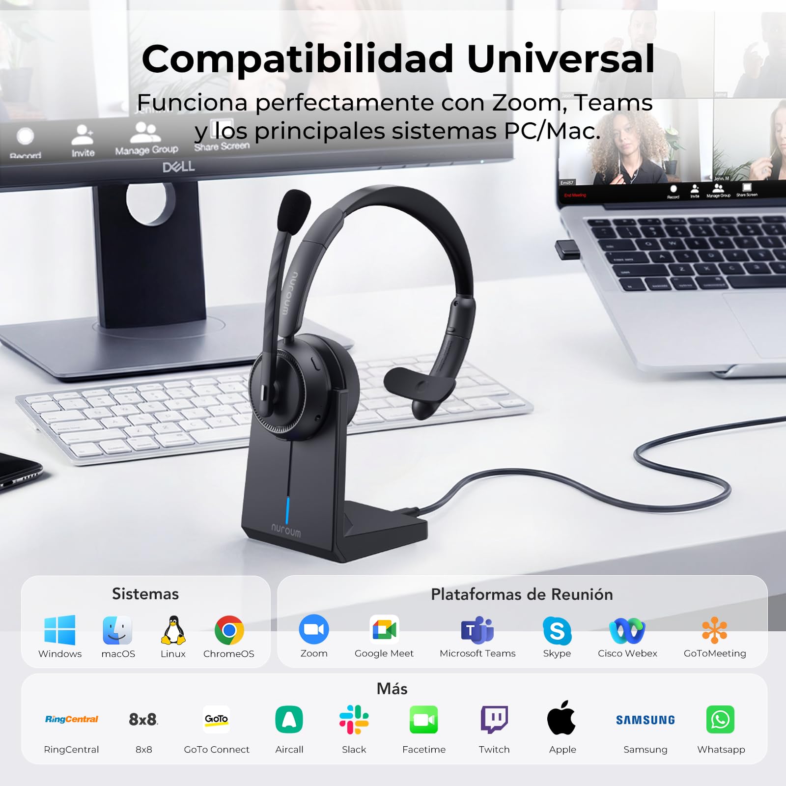 Nuroum HP31S 2026 Auriculares Bluetooth Inalámbricos con Micrófono para PC, Base de Carga,USB Dongle/V5.4, Modo Silencio, 45H Duración,Cascos con AI Micrófono Cancelación para CallCenter/Teams/Oficina