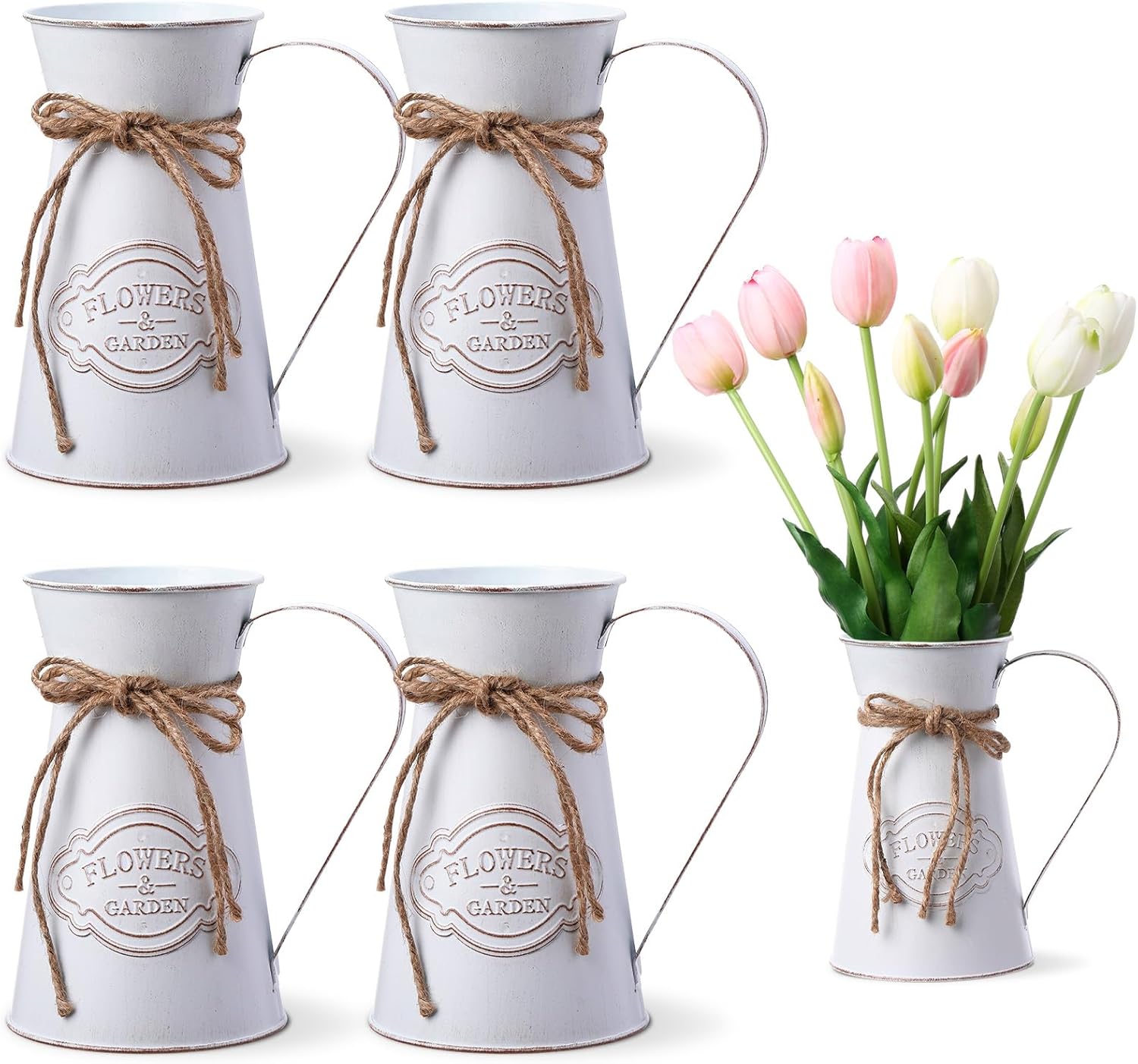 Chumia 4 Pcs Metal Pitcher Jug Vase for Flower Farmhouse Rustic Milk Can 7. 87 Inch Flower Vintage Vase Pitcher Decor Kitchen Bathroom Decor for Home (White)