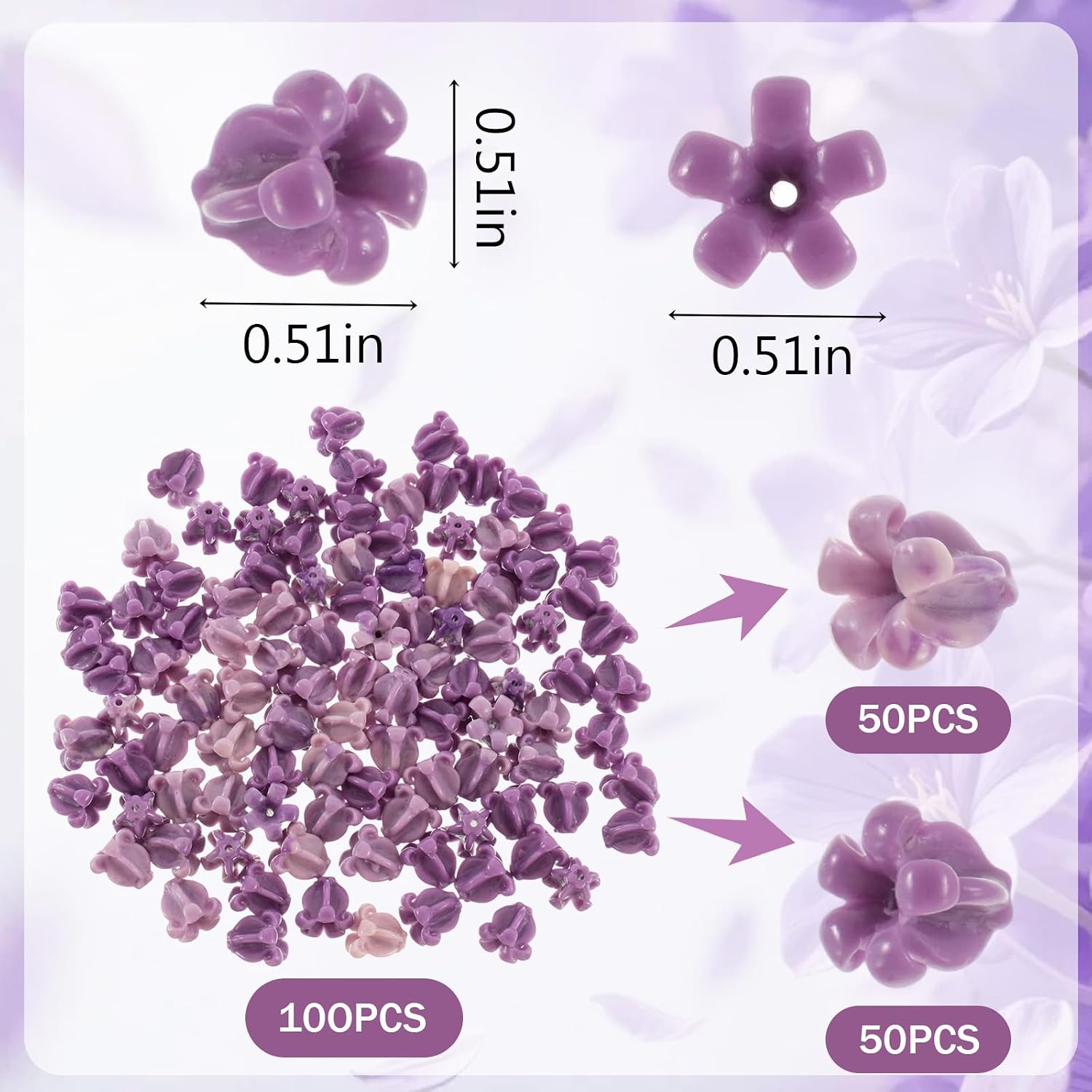 100 Pcs Artificial Crown Flower Beads, Coral Flower Shell Beads, Pikake Flower Bead for Hawaiian Crown Garland Lei Making, Necklace Bracelet Supplies (Purple & Gradient Purple, Lily of the Valley)