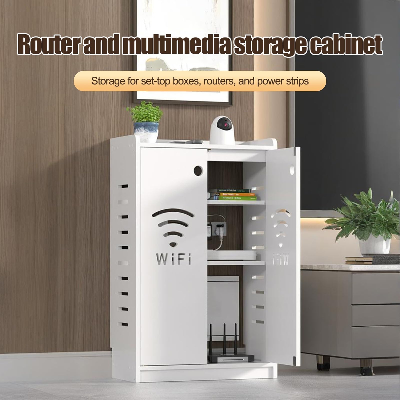 HARELA WLAN-Router-Aufbewahrungsschrank, Stand-Router-Aufbewahrungsbox Modem, Steckdosenleiste und Kabelmanagement-Organizer für Zuhause und Büro(Gray,50x60x25cm)
