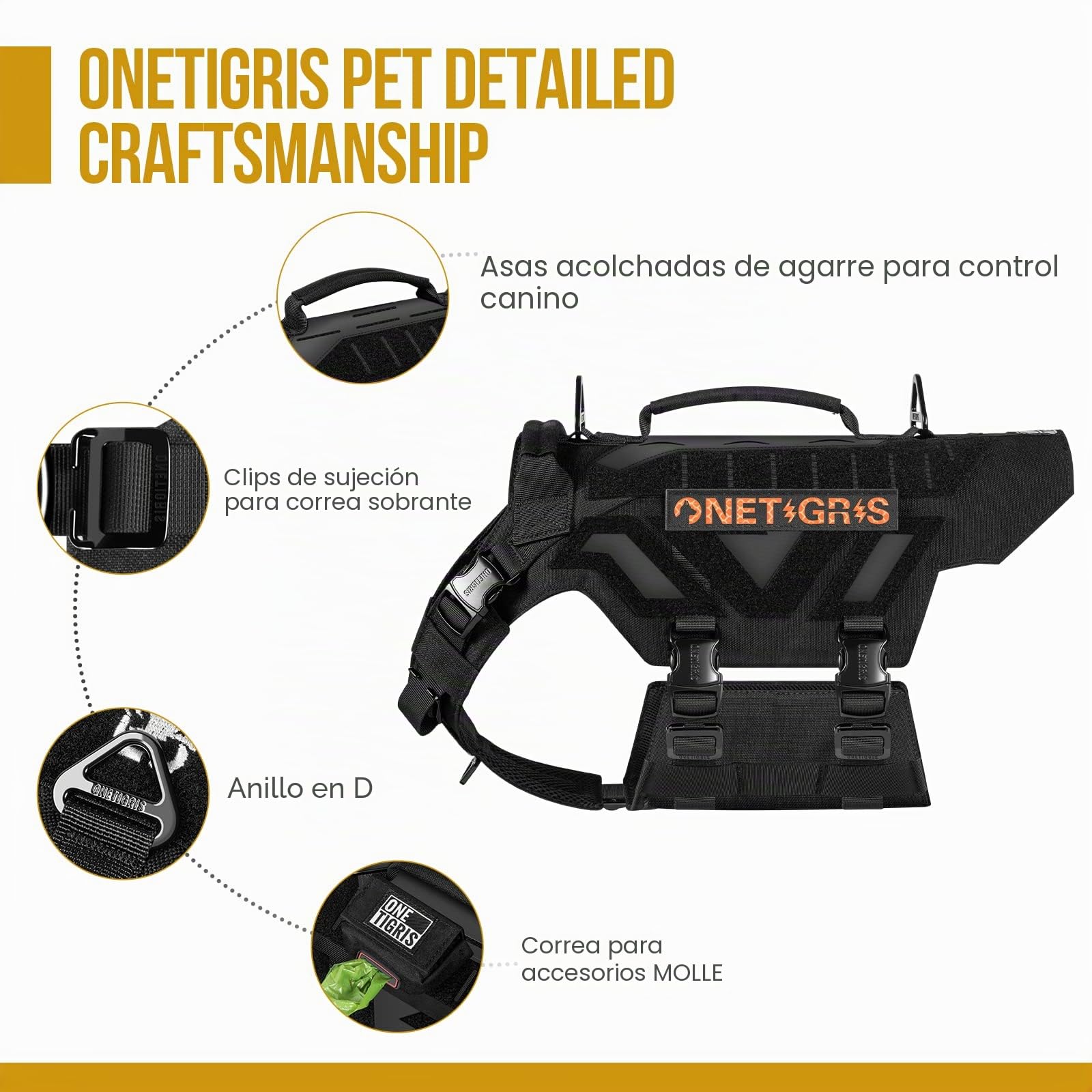 OneTigris X-Armor - Arnés táctico de Metal Completo para Perro, Chaleco antitirones con Velcro Reflectante, Ajustable Militar, fácil de Poner, Chaleco para Perro, para Caminar, Senderismo,