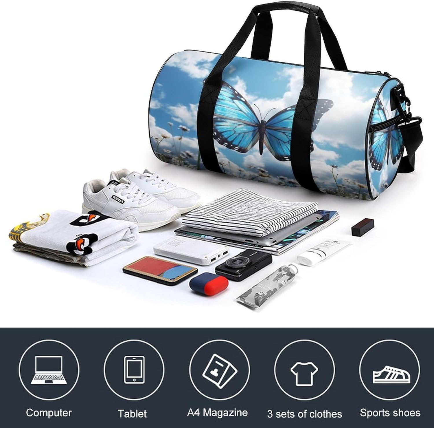 Aesthetic Sports Bag for Women Blue Butterfly And Clouds Printed Duffle Travel Bag for Men Women Mini Workout Bags Cylindrical Gym Bag