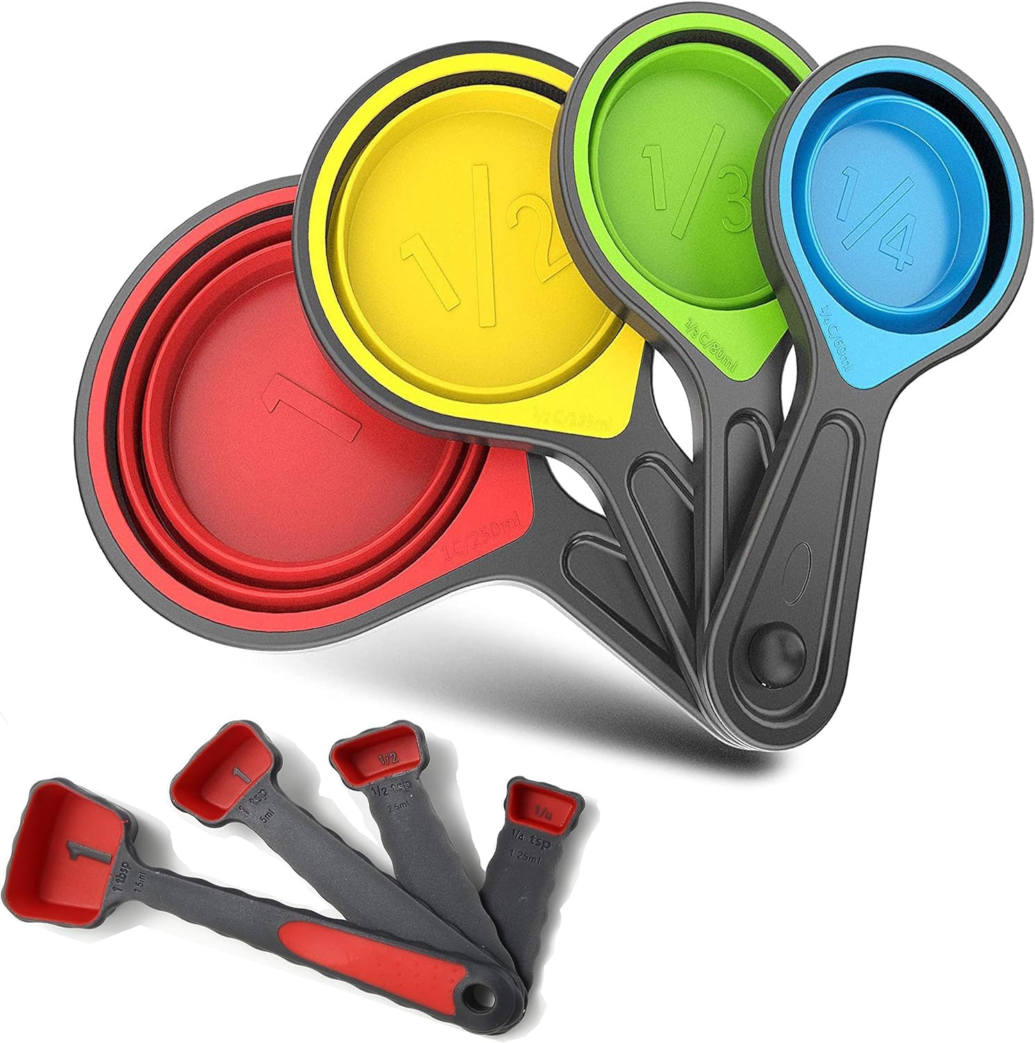 Collapsible Measuring Spoon Set – 4-Piece Foldable & Stackable Silicone Measuring Cups for Baking & Cooking (1, 1/2, 1/3, 1/4 Cup) – BPA-Free, Dishwasher-Safe, Space-Saving Kitchen Tools (Red)