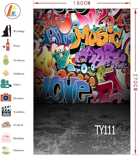 Miniatura 2 de LB Telón de fondo de graffiti hip hop para fotografía de los años 80 y 90 para decoración de fiestas de 3 x 5 pies, fondo de fotos de retrato con