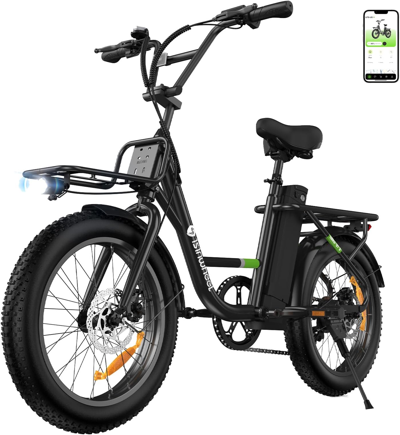isinwheel U7S 1500W 48V Electric Bike for Adult, 20 MPH & 80 Miles | Dual Disc Brakes Step-Thru Cargo Ebike,7-Speed 20" Fat Tire Front Suspension E-Bike LED Lights, Front & Rear Basket