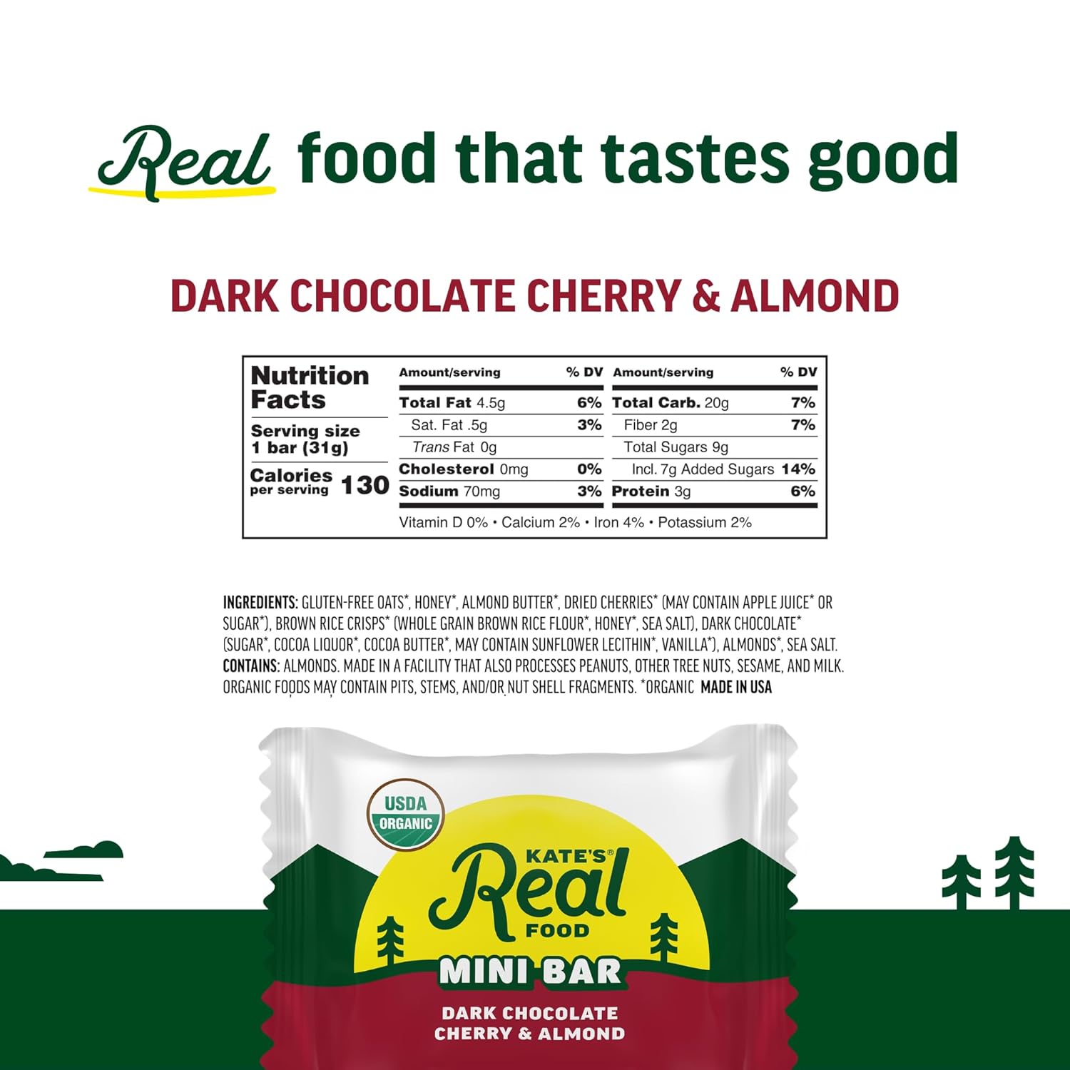 Kate’s Real Food Mini Organic Granola Bars - Dark Chocolate Cherry Almond (1.1 oz, Pack of 24) - Organic Energy Bars Made with Gluten Free Oats - Non GMO, Soy Free, Whole Grains, and All Natural - Healthy Snacks