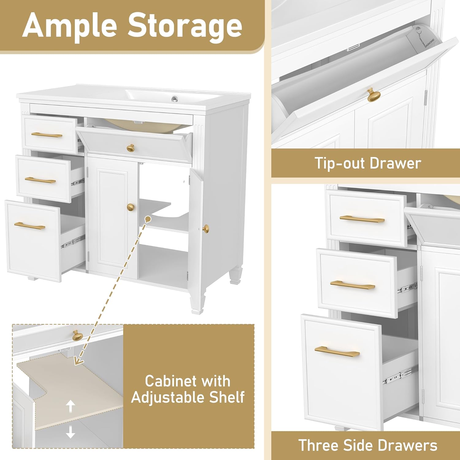 36" Bathroom Vanity with Ceramic Sink, Bathroom Cabinet with One Tip-Out Drawer, 3 Side Drawers, Adjustable Shelf, White