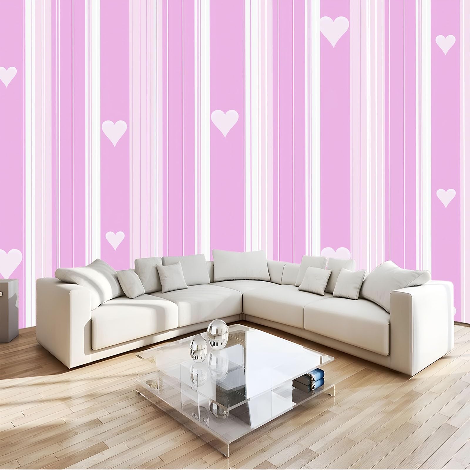 Panoramiczna tapeta 200 x 140 cm minimalistyczne geometryczne kształty w paski serca włóknina XXL fototapeta gobelin fototapeta salon sypialnia - tapeta Trompe l'eil efekt 3D, jasnoróżowy