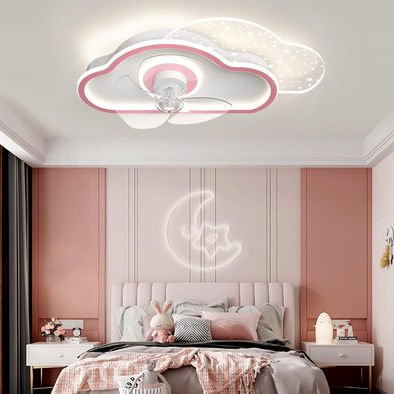 YUEGOO Ceiling Fans with Lamps,Kids Ceiling Fans with Lights and Remote Dimmable Silent Ceiling Fan with Lighting 6 Speed Reversible Design Ceiling Fan with Led Lamp for Bedroom/Pink/a