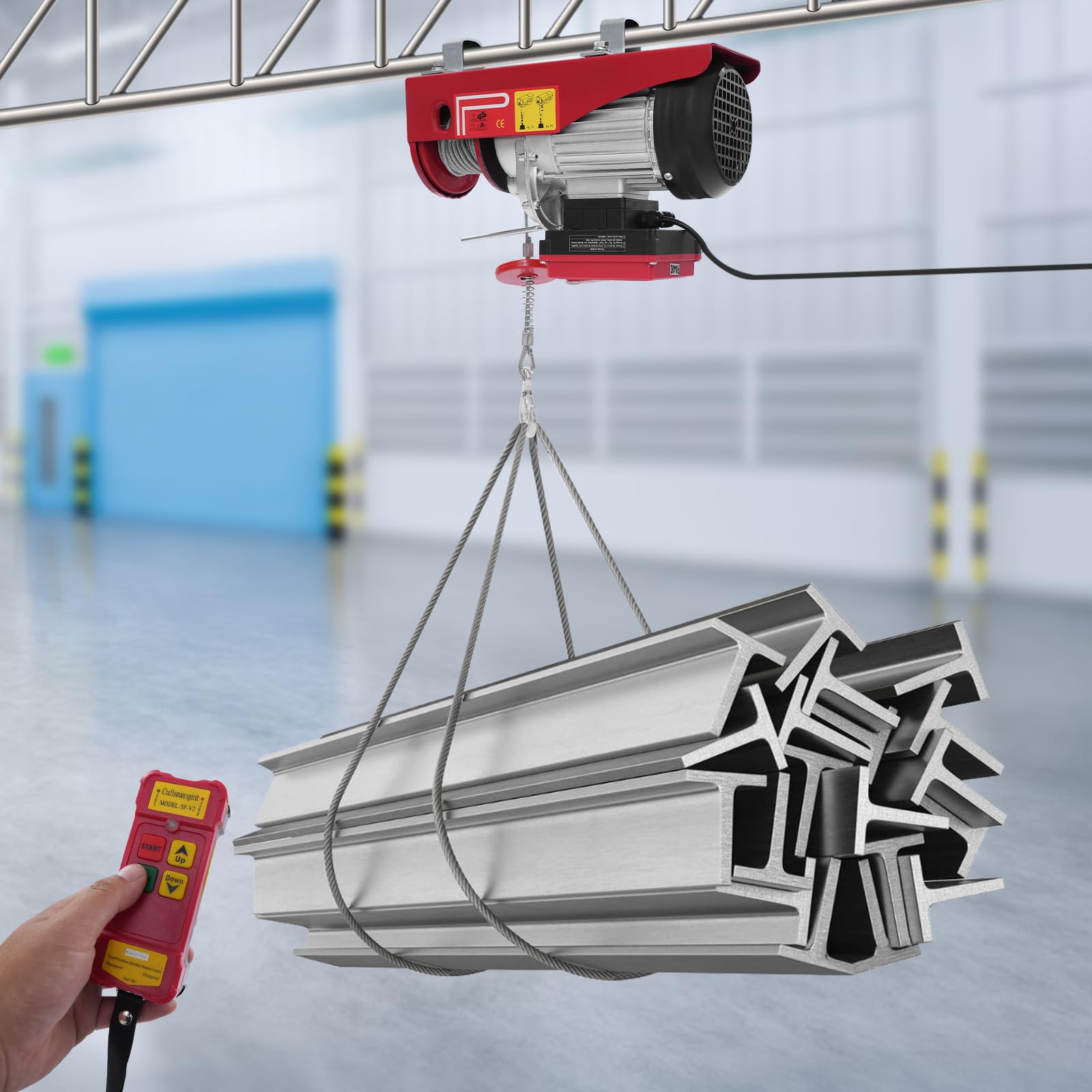 Elektrisch Seilwinde, 12m Hubhöhe, 850W Seilzug Motorwinde mit Fernbedienung, Einzelseil bis 200kg & Doppelseil bis 400kg, Elektrohebezeug für Fabriken Docks Lagerhäuser Baustellen