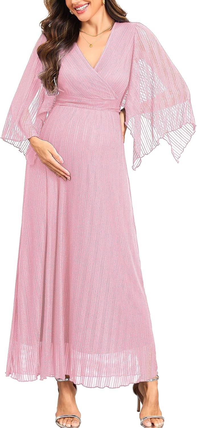 Maternity Sparkly Mesh Maxi Dress Handkerchief Sleeves Wrap V Neck Flowy Pregnancy Dresses Baby Shower Formal