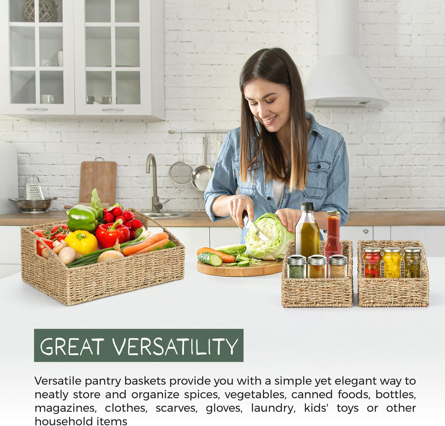 Set of 3 Handwoven Seagrass Storage Baskets – Decorative Natural Wicker Organizer Bins with Built-in Handles for Bathroom, Kitchen, Pantry, Nursery, Closet, Laundry, Living Room, and Home Use