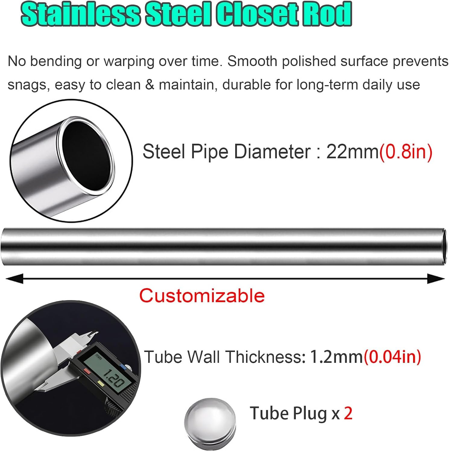 Stainless Steel Closet Rod with End Supports, Sturdy Hanging Bar for Closets/Wardrobes/Bathrooms & Windows, Easy to Install Wardrobe Tube(2 pack,26in/66cm)