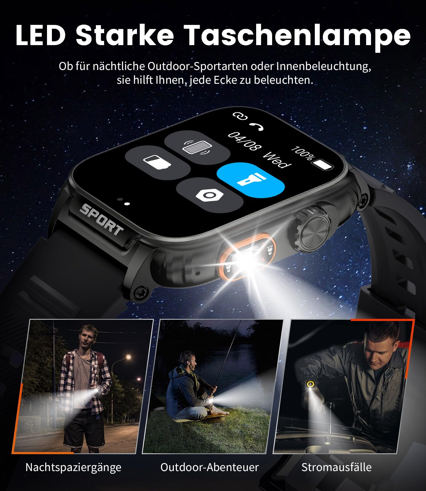 Smartwatch Herren Militär – 1,6'' AMOLED, Telefonfunktion, 600 MAh Akku, 100+ Sportmodi, 5 ATM Wasserdicht, 2 Armbänder, Gesundheits-Tracking