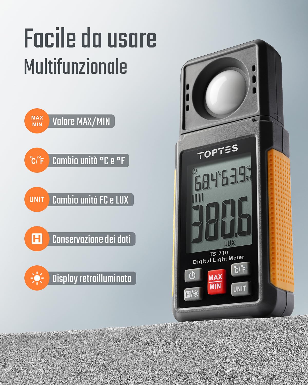 TopTes TS-710 Luxmetro Digitale, Luxmetro Portatile con Sensore Rotato di 180º, Schermo LCD Retroilluminato, Unità Lux/FC, per Interni LED ed Esterni per Piante - Batteria Inclusa
