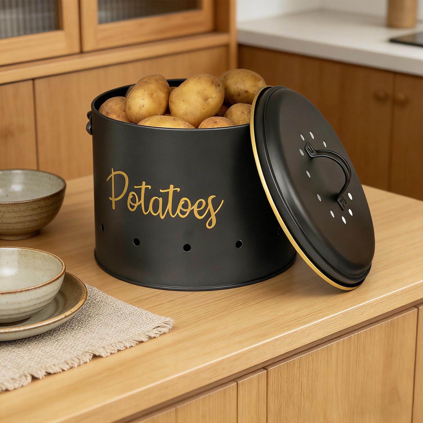 3 contenitori per Patate, cipolle, Aglio, barattoli Metallo, con Coperchio, Contenitore per Verdure da Cucina, per la conservazione degli Alimenti, Set contenitori per Verdure in Metallo