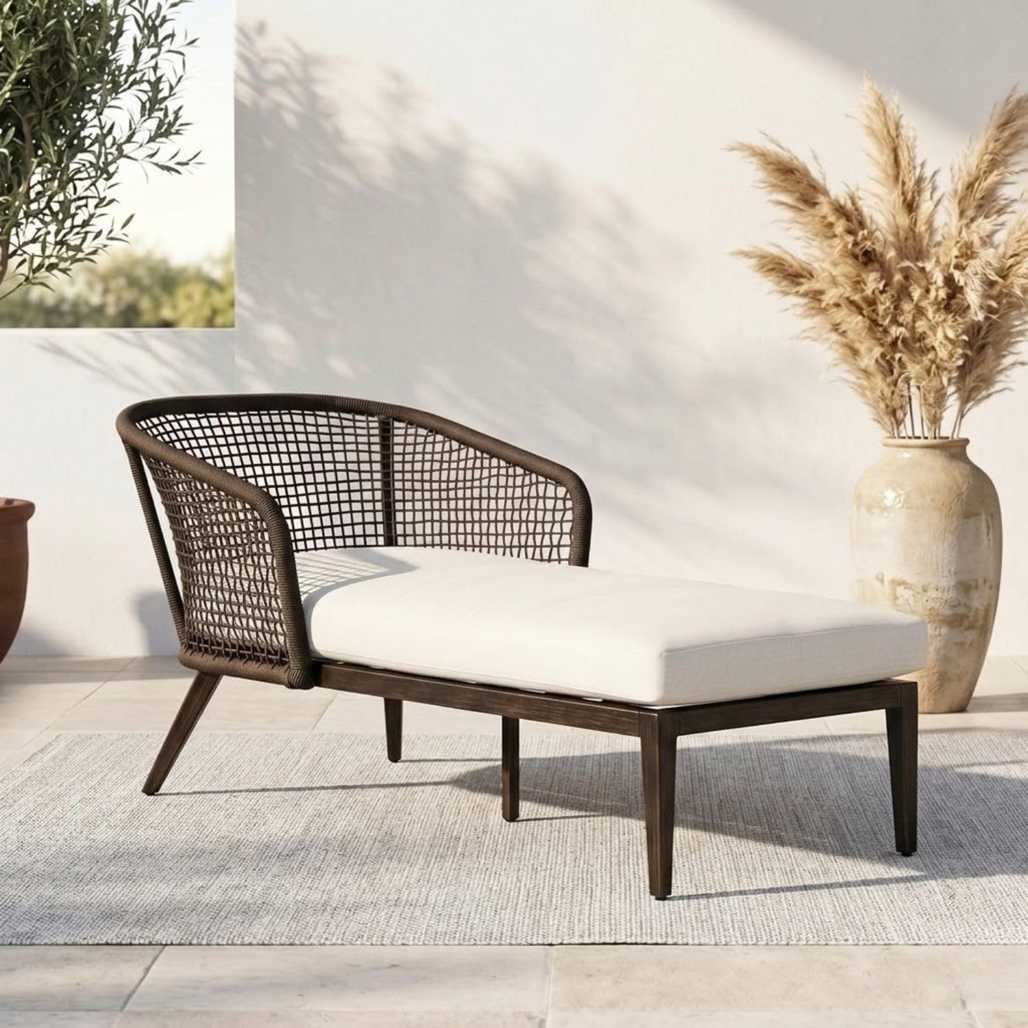 DEVOKO Outdoor Single Seater Patio Daybed with Handwoven Rope, All Weather Furniture for Garden, Balcony, Pool, Lawn, Backyard (Brown & Off-White)