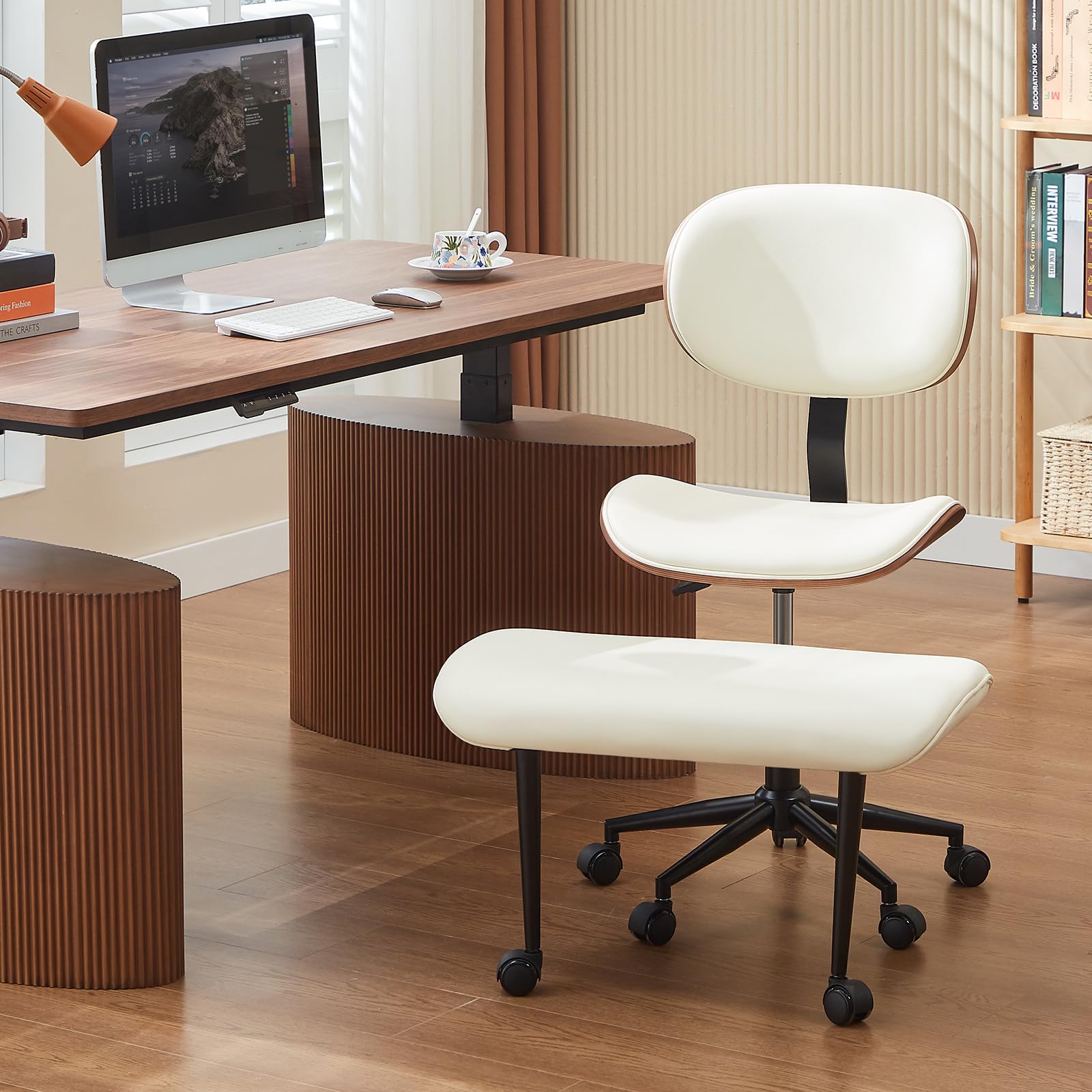 Bestier Cross Legged Office Chair, Criss Cross Chair with Adjustable Arms, 135° Reclining Velet Executive Chair with Wheels, Big and Tall Computer Desk Chair for Home, Office - White
