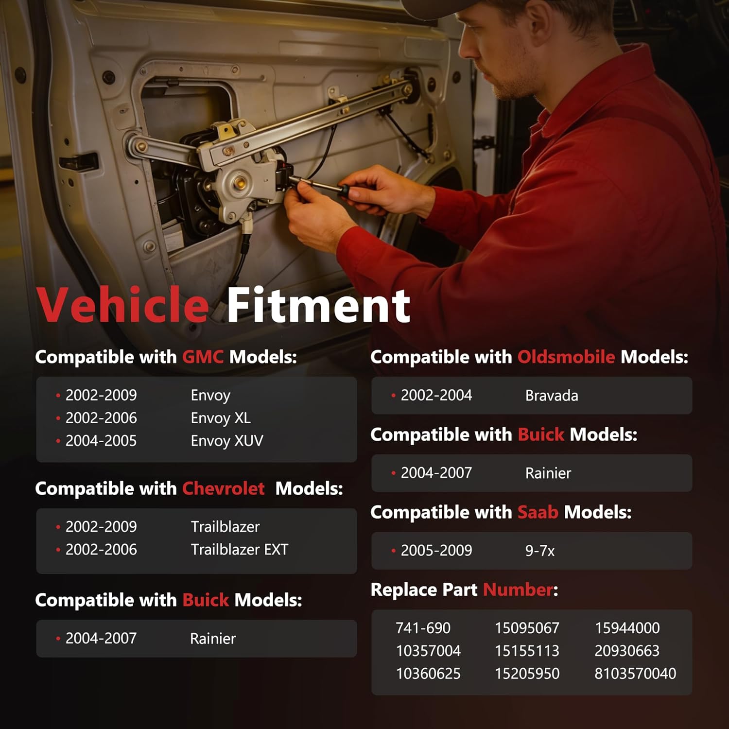HYR Front Driver Side Power Window Regulator with Motor Fit for 2004-2007 Buick Rainier, 2002-2009 Chevrolet Trailblazer, GMC Envoy, Isuzu Saab Oldsmobile Bravada, 741-690 (2 Pins)