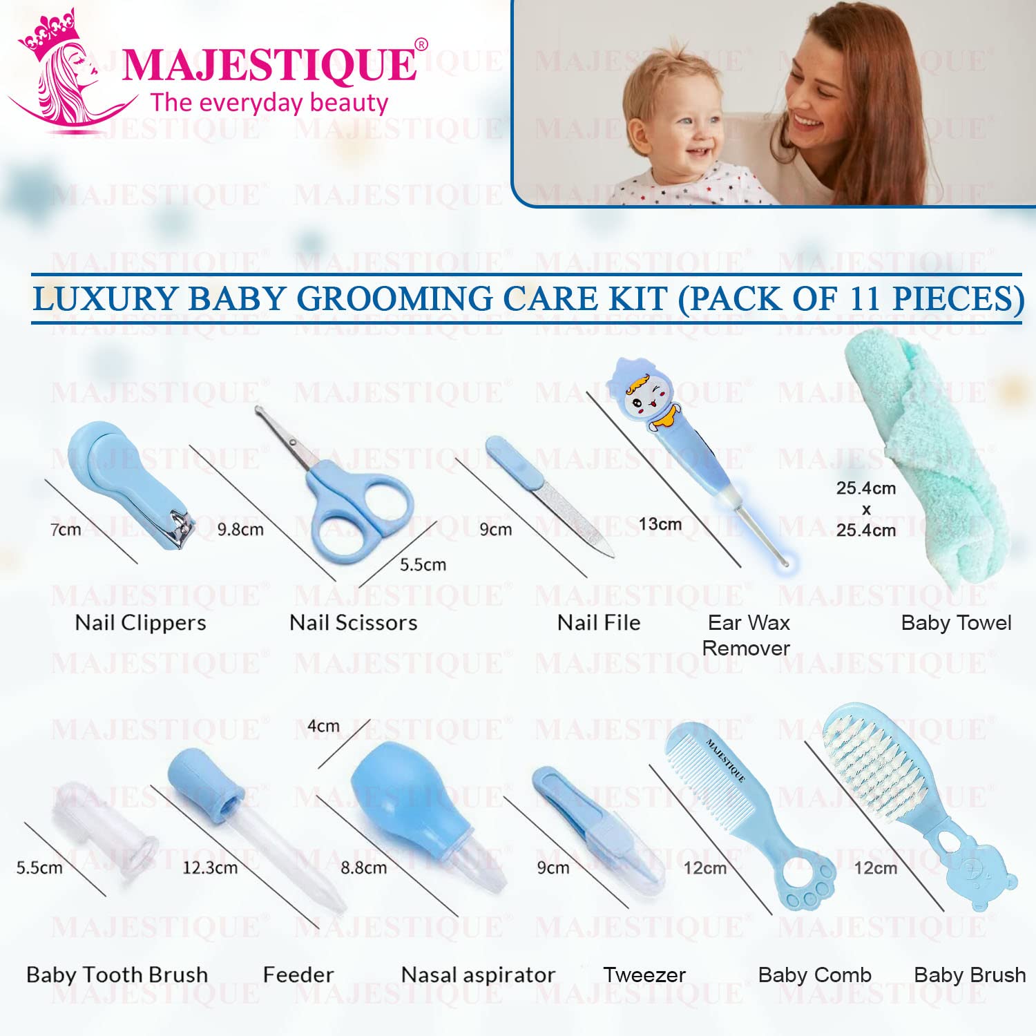 Majestique Portable Baby Care Kit- Nursery Healthcare & Grooming Set for New Born Babies Grooming Set and Toddlers - Perfect for Manicure Bath Accessories (11Pcs_Pro_Blue) 1