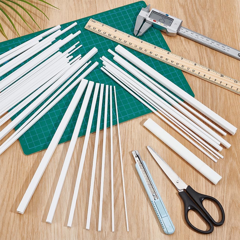 BENECREAT 48Pcs ABS Plastic Square Tube, 0.06/0.1/0.12/0.16/0.2/0.26/0.33 Inch White ABS Plastic Rods, Hollow Square Bar Rods for DIY Sand Table Architectural Model Making