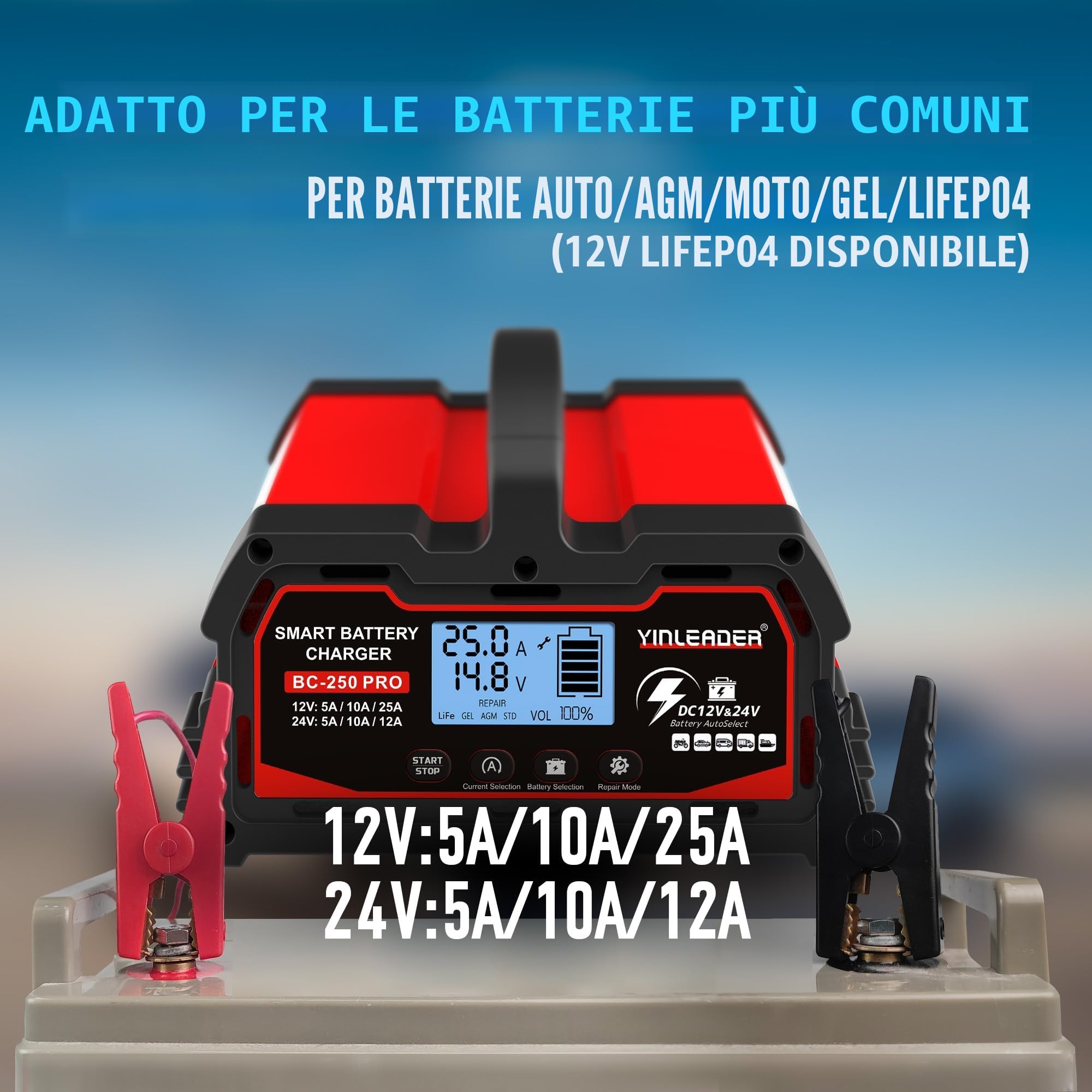Caricabatteria da auto 25 A 12 V/24 V 12A /10A/5A Caricabatteria da auto Smart Charger per auto completamente automatico con display LCD, per batteria per auto e moto e 12V LiFePO4 - rosso