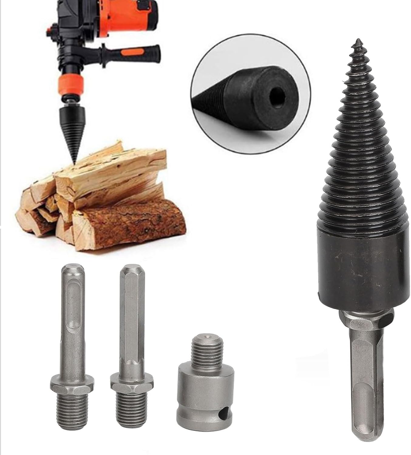 FOSA 5Pcs Firewood Log Splitter Drill Bit, Firewood Log Splitter Removable Cones Kindling Wood Splitting Logs Bits, Drill Bits, Round Shank Bits, Hexagonal Bits (45mm)