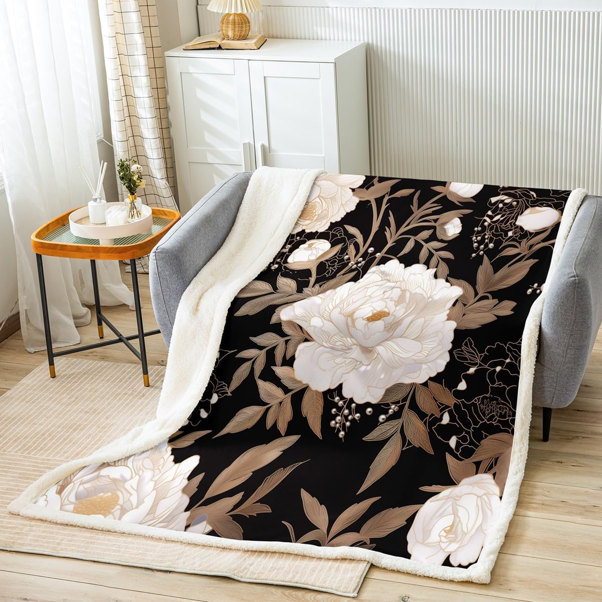 Feelyou Kids Adult Vintage Floral Fleece Throw Blanket Black Sherpa Gold Leaf Plant Pattern Plush Microfiber Fuzzy Blanket for Sofa Bed Couch 90"x90"