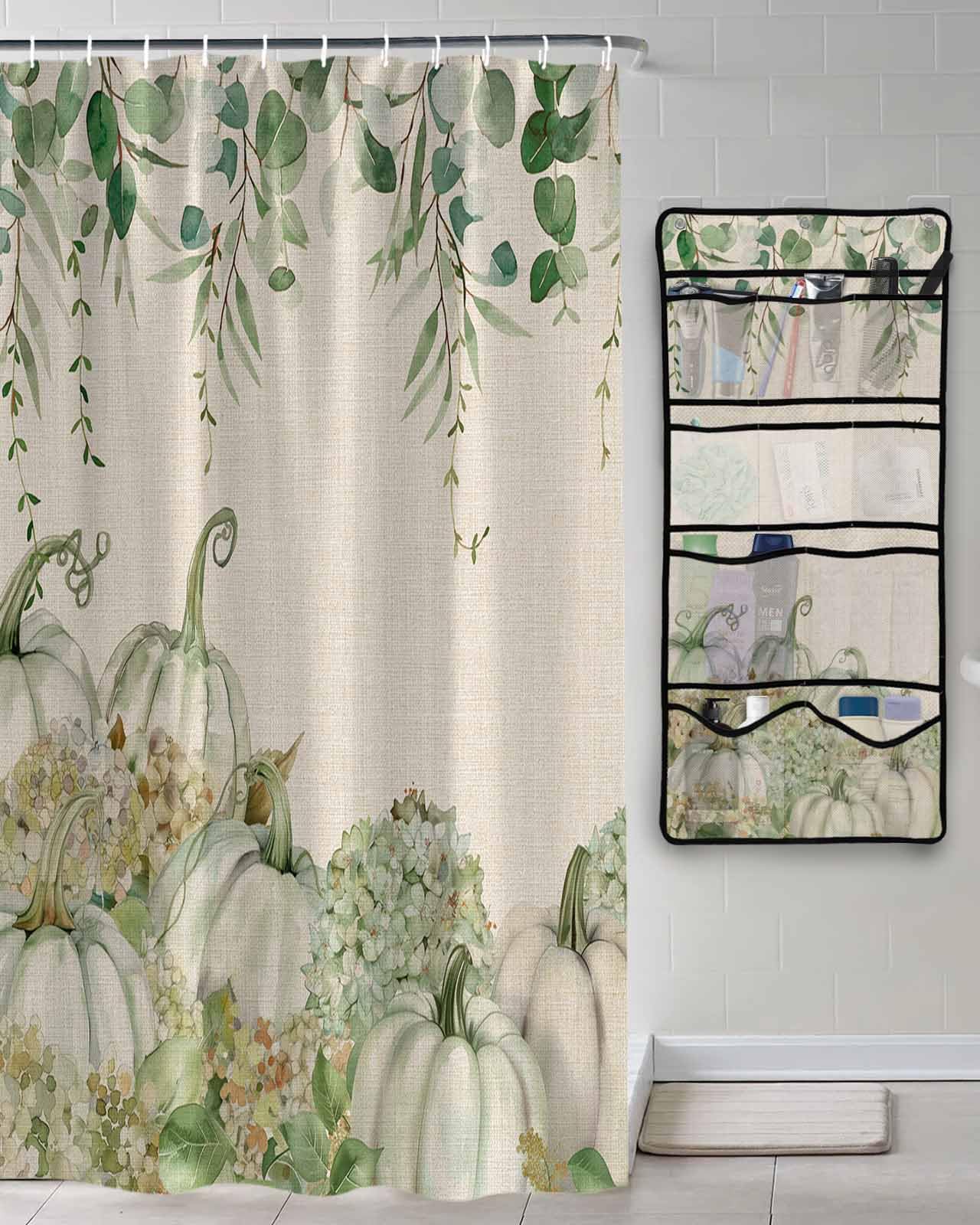 Decorative Shower Curtain Sets Fall Thanksgiving Fabric Shower Curtains Vintage Autumn Pumpkin Eucalyptus Leaves Sage Green Mesh Shower