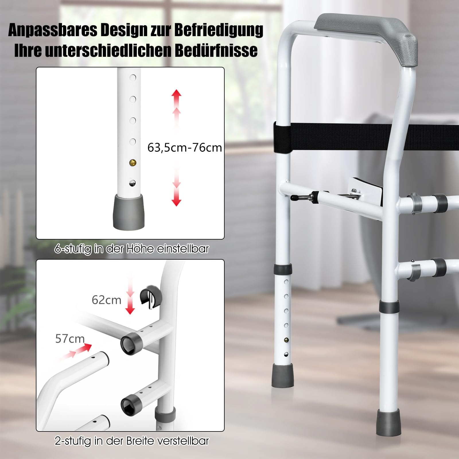 FANTASK Supporto per WC regolabile in altezza, con braccioli senza fori, 48 x 65 x 84 cm